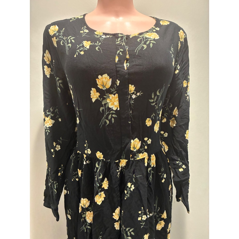 Old Navy Maxi Dress Womens XL Black Yellow Floral Excellent Long Sleeve - Picture 2 of 4